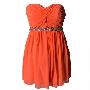 bright orange promdress with silver beads belt dress heartshaped top sheer layer